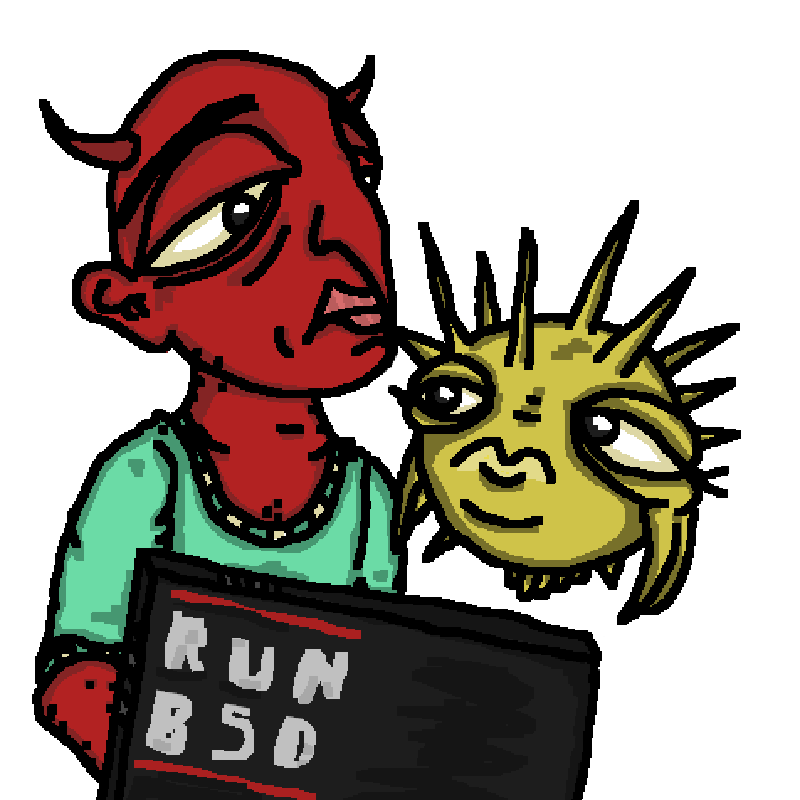 A reddish character and the OpenBSD mascot puffy staring at each other. The character is holding a computer with a RUN BSD logo on it.