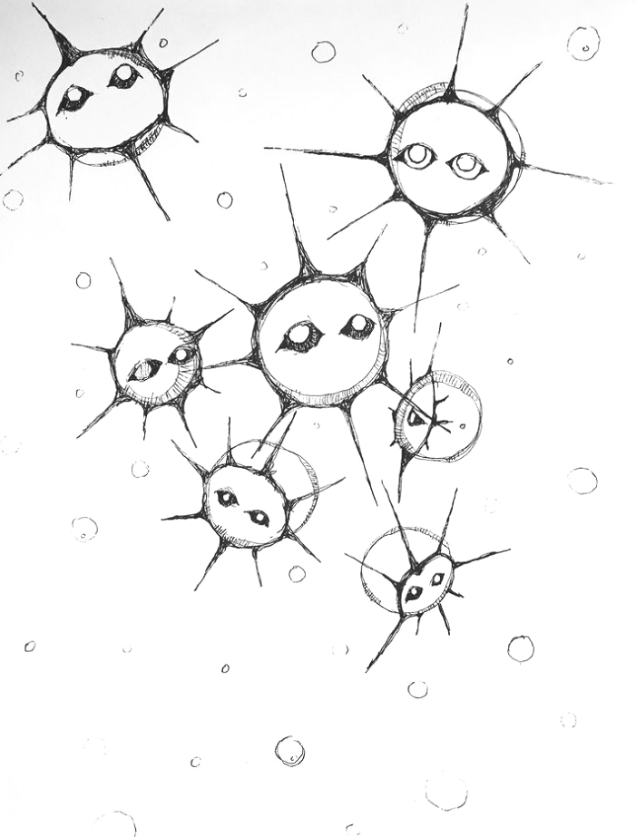 Some circles with spikes having eyes looking like puffy fishes, hand drawn in black and white