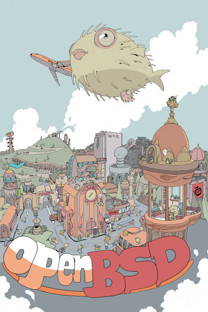 A drawing featuring a city viewed from some altitude with many characters looking like the OpenBSD mascot.