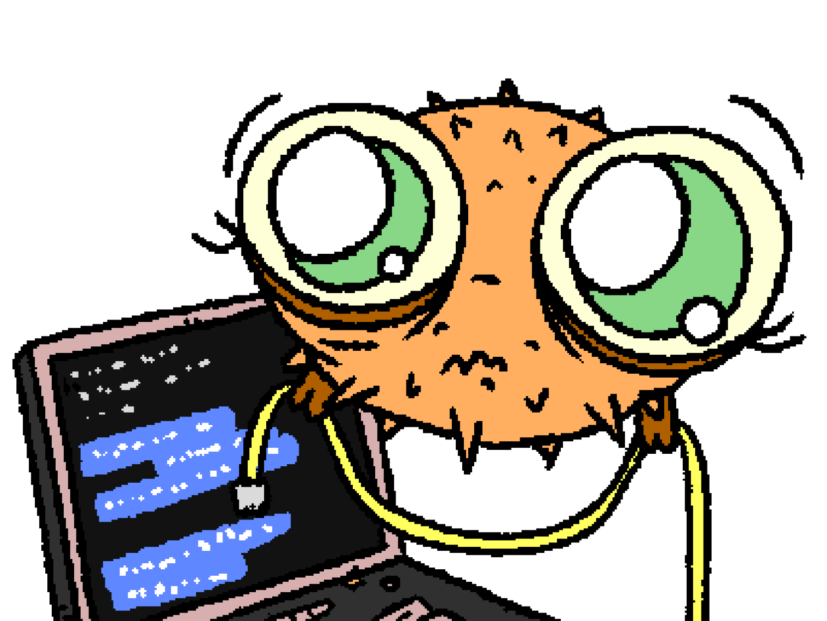 Маленькая рыбка Puffy с большими симпатичными глазками держит сетевой кабель. На заднем плане ноутбук, на экране которого черный терминал с белым текстом на синем фоне.