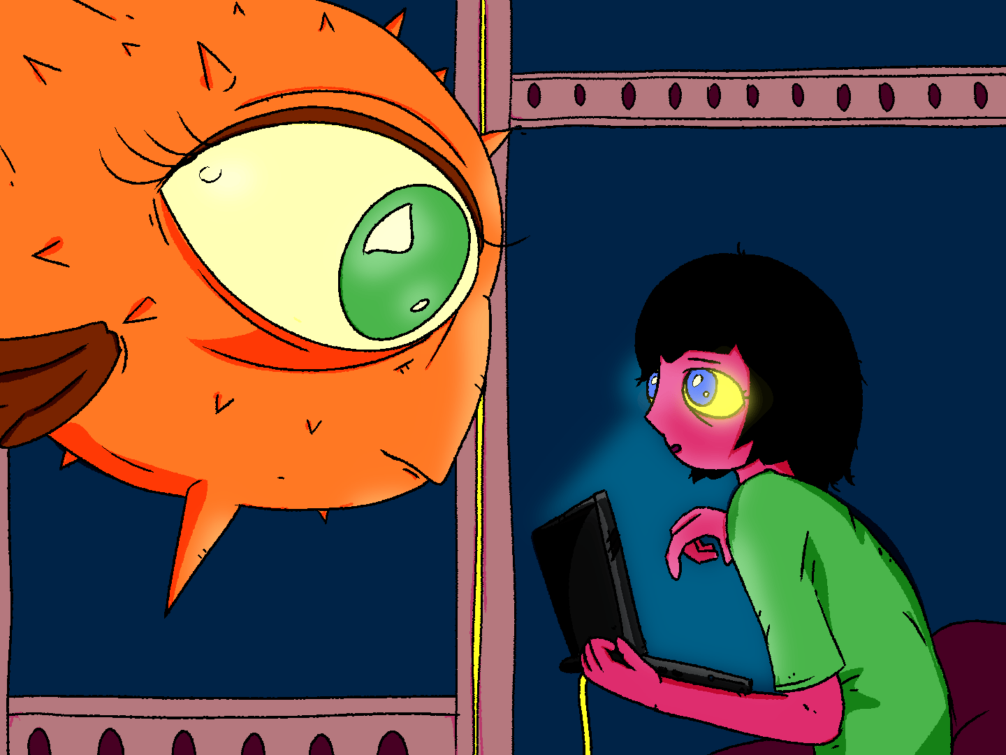 A giant puffy floating, staring at a girl whose face is illuminated by her laptop screen she is holding in her hands. Vivid colors.