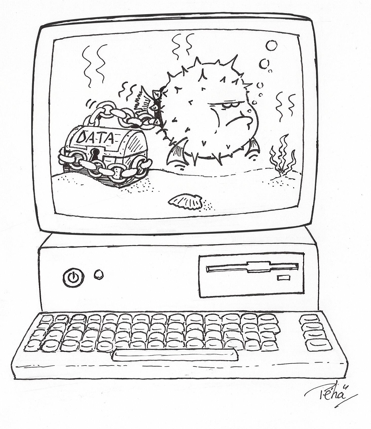 The picture shows an old fashion computer with a CRT screen on top of the tower which has a floppy drive.  The screen is showing a treasure on the seadbed with data labelled on it, there is a huge chain around it that is bound to a big angry puffer fish, like a dog guard.