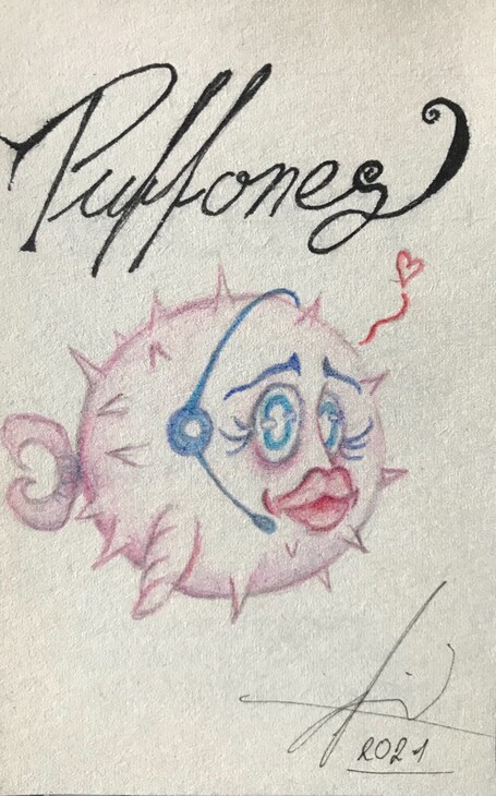 A hand drawn puffy with a headset and a small floating heart on its right. It's labeled Puffones.